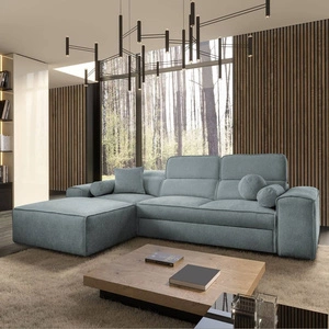 Narożnik z funkcją spania Viano szary błękit lewostronny stylowy narożnik o ciekawym kształcie regulowane zagłówki ozdobne poduszki