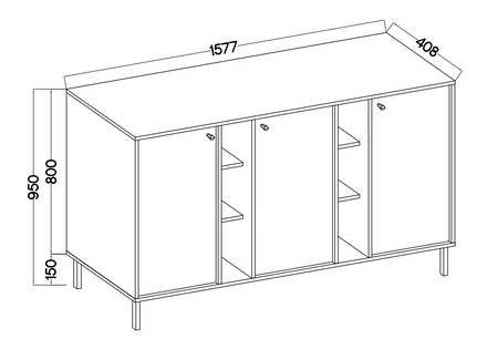 Komoda Kioto II 158 cm czarny grafit nowoczesny design prosta forma wzbogacona złotymi uchwytami stabilna metalowa podstawa