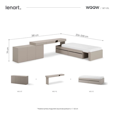 Zestaw mebli Woow clay grey lewy stylowy zestaw mebli narożny do małego pokoju młodzieżowego możliwość dopasowania do układu wnętrza