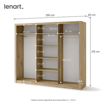 Szafa przesuwna z lustrem Idea 250 cm san remo jasny estetycznie wykonana szafa do sypialni lub pokoju młodzieżowego srebrne uchwyty