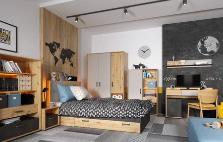 Półka Qubic 115 cm dąb artisan / raw steel / silk flou nowoczesna i praktyczna półka ścienna do salonu pokoju młodzieżowego lub biura