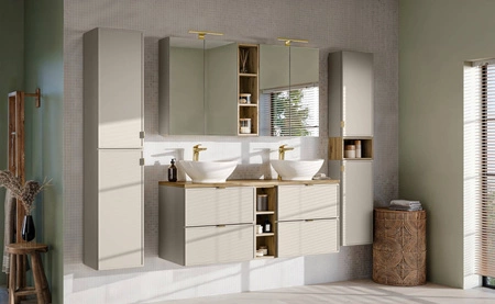 Szafka łazienkowa wisząca z lustrem Bella 60 cm beżowa elegancka szafka w minimalistycznym stylu idealny mebel uzupełniający aranżację