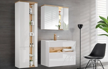 Szafka łazienkowa wisząca z lustrem Bahama 80 cm biały / dąb wotan elegancka szafka z oświetleniem LED oraz szklanymi półkami