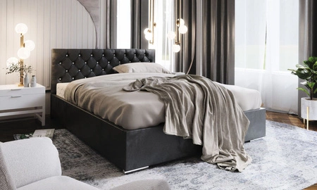 Łóżko tapicerowane Bauru 140x200 grafitowe z pojemnikiem w nowoczesnym skandynawskim stylu z pikowanym zagłówkiem z kryształkami