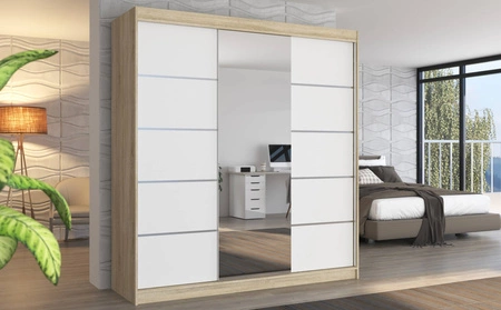 Szafa przesuwna z lustrem Bergen 200 cm dąb sonoma jasny / biały klasyczna forma dekoracyjne listwy na frontach szafy do przedpokoju