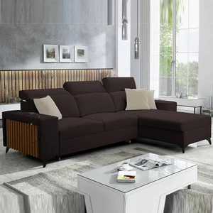 Narożnik z funkcją spania Kelly brązowy prawostronny pleciony komfort i funkcjonalność bok narożnika wykończony lamelami