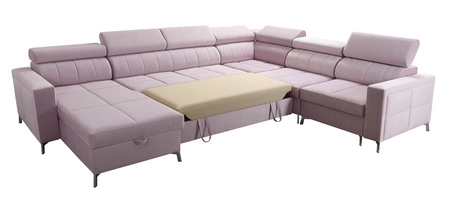 Narożnik z funkcją spania Nausa VII pudrowy róż lewostronny elegancki narożnik do salonu wykonany z miękkiej tkaniny typu velvet