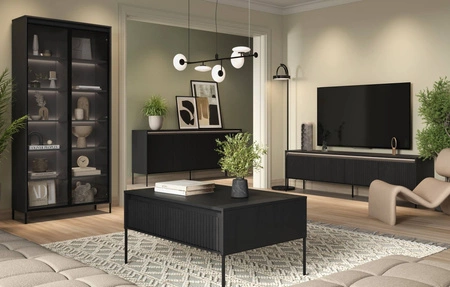 Stolik kawowy Trend czarny nowoczesny i elegancki design stolik z charakterystycznym ryflowanym frontem osadzony na metalowych nogach