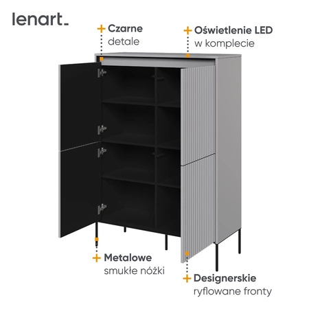 Komoda wysoka Trend 98 cm szara elegancka i stylowa komoda o wyjątkowym charakterze ryflowane fronty z oświetleniem LED