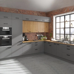 Zestaw mebli kuchennych narożny Antri / Verdi 330x210 cm szafki kuchenne z ozdobnymi lamelami nadają kuchni szczególnego charakteru