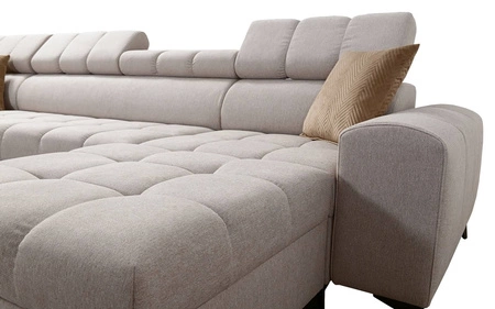 Narożnik z funkcją spania Bolmso beżowy prawostronny narożnik z dwoma pojemnikami na pościel praktyczna szuflada w boczku mebla