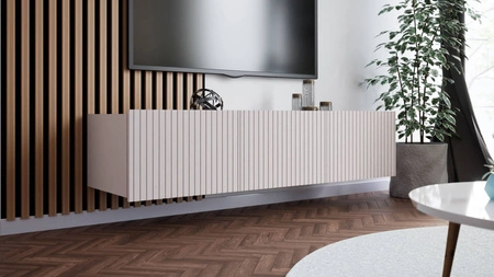 Szafka RTV Colder 150 cm beżowa z możliwością podwieszenia stylowy ryflowany front elegancka forma mebla w nowoczesnym stylu