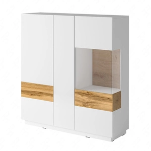 Komoda wysoka Silke 130 cm biała / biały połysk / dąb wotan minimalistyczny design komoda z przeszkleniem idealna do salonu i jadalni
