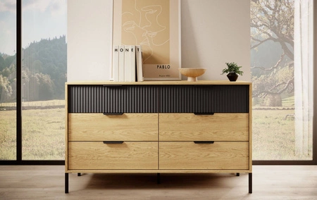Komoda z szufladami Baltic 137 cm dąb baltic / czarny elegancki design komoda do sypialni z ryflowanymi frontami uchwyty krawędziowe