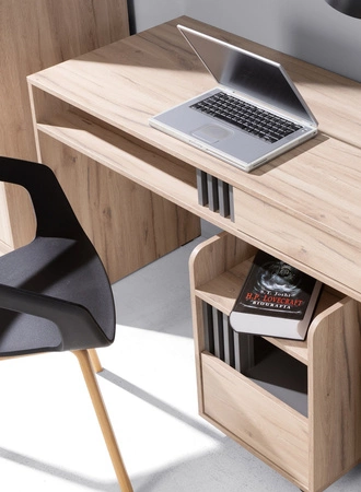 Biurko z szufladą Estan 120 cm dąb estana jasny / antracyt nowoczesny design mebla obrzeża biurka wykończone zostały specjalną okleiną