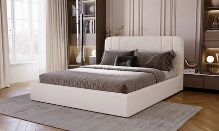 Łóżko tapicerowane Apis 180x200 beżowe stylowe łóżko z pojemnikiem na pościel wygodny zagłówek zachwyca eleganckim designem