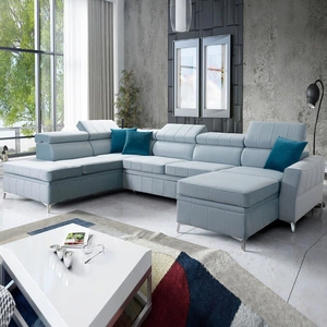 Narożnik z funkcją spania Rava VI błękitny prawostronny praktyczny i nowoczesny narożnik wyposażony w wielofunkcyjną lampkę