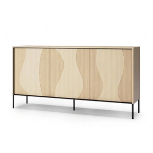 Komoda Flow 166 cm dąb vincenza bielona elegancka komoda z dekoracyjnymi frontami i oświetleniem LED stabilna metalowa podstawa