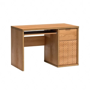 Biurko Fonti 120 cm dąb karmel z szufladą czarne uchwyty krawędziowe geometryczne kształty finezyjne zdobienie w postaci jodełki