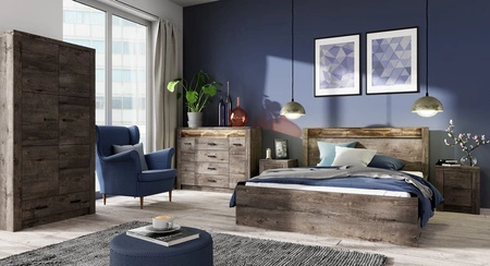 Zestaw mebli do sypialni Indiana jesion ciemny elegancka stylistyka mebli ozdobna deska na frontach oświetlona LED subtelne czarne uchwyty