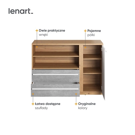 Komoda z szufladami Plano 125 cm dąb nash / biały / beton modna komoda idealna do pokoju młodzieżowego lub pokoju dziecka