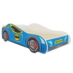 Łóżko Batcar 80x160 cm designerskie łóżko z materacem w kształcie samochodu z ozdobnym nadrukiem wykonane z solidnych materiałów
