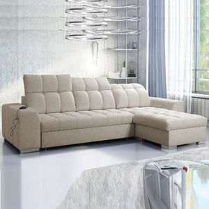 Narożnik z funkcją spania Luigi beżowy prawostronny narożnik z dwoma pojemnikami na pościel tkanina o ciekawej strukturze