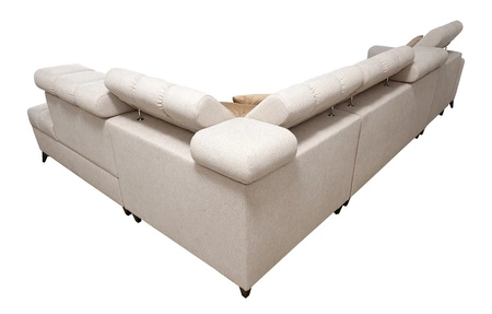 Narożnik z funkcją spania Bolmso XI szary prawostronny stylowy design narożnik rozkładany z szufladą i pojemnikami na pościel