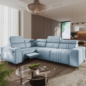 Narożnik z funkcją spania Castel II Lux błękitny lewostronny wygodny narożnik do salonu z komfortowym wysuwanym podnóżkiem