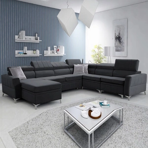 Narożnik z funkcją spania Rava VII grafitowy lewostronny praktyczny i nowoczesny narożnik do salonu z regulowanymi zagłówkami