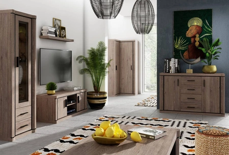 Zestaw mebli do salonu Dallas dąb truflowy / czarny elegancka stylistyka mebli wzbogacona o stylowe czarne dodatki oryginalny kształt