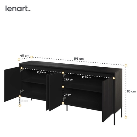 Komoda Trend 193 cm czarna wyjątkowy design pojemna komoda do salonu z oświetleniem LED charakterystyczne ryflowane fronty