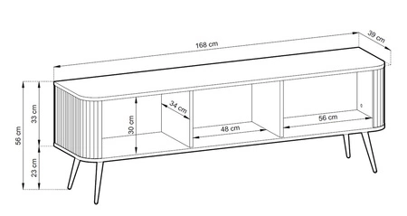 Szafka RTV Zoya 168 cm beżowa nowoczesny design bryła osadzona na metalowych nogach ryflowany front charakterystyczny owalny kształt
