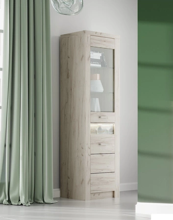 Witryna Indiana 56 cm kraft biały stylowa witryna do salonu elementy z bezpiecznego szkła ozdobna deska na froncie witryny oświetlona LED