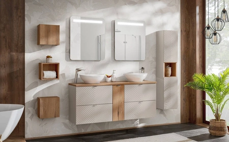 Zestaw mebli łazienkowych Viva beżowy / dąb coast evoke stylowe szafki z ciekawym frezowaniem w kształcie jodełki modna kolorystyka