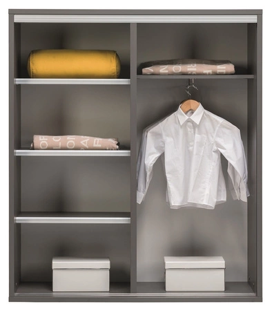 Regał Yugo z drzwiami przesuwnymi w kolorze popiel / biały połysk nowoczesny oraz funkcjonalny mebel do salonu pokoju młodzieżowego lub biura