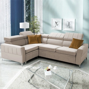 Narożnik z funkcją spania Rava II jasny beż lewostronny velvet komfortowy narożnik z pojemnikiem na pościel wielofunkcyjna lampka