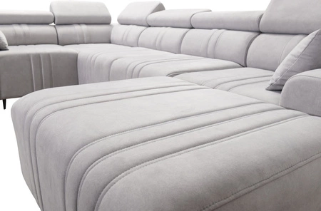 Narożnik z funkcją spania Castel IV różowy prawostronny stylowy narożnik z pojemnikami na pościel i regulowanymi zagłówkami