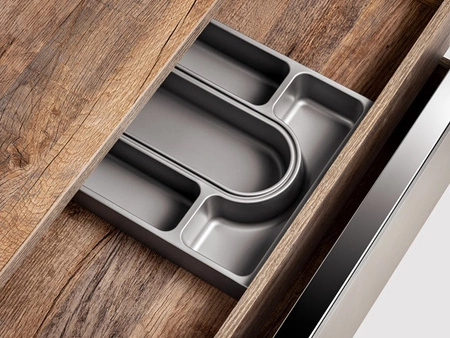 Zestaw mebli łazienkowych Santa Fe szary krzemowy / dąb vintage zestaw mebli z szafkami pod umywalki nablatowe uchwyty krawędziowe