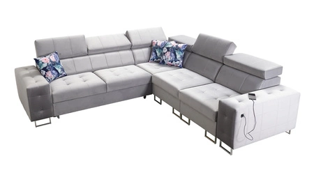 Narożnik z funkcją spania Hampton III morski prawostronny komfortowy narożnik wykonany z gładkiej i miękkiej tkaniny typu velvet