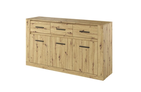 Komoda z szufladami Arti 160 cm dąb artisan elegancki i uniwersalny styl komody do sypialni lub salonu gustowne czarne uchwyty