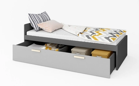 Łóżko Pok 90x200 cm grafit / szary wygodne łóżko z materacem bonellowym i pojemną szufladą idealne łóżko dla dziecka lub nastolatka