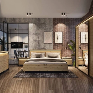 Zestaw mebli do sypialni Quant dąb artisan / czarny meble w stylu loftowym z oświetleniem LED trójwymiarowy charakter frontów