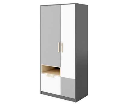 Szafa Pok 90 cm grafit / szary / biały / buk ibsen nowoczesna szafa do pokoju młodzieżowego uniwersalne połączenie kolorystyczne