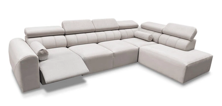 Narożnik z funkcją spania Cantare XI Lux beżowy prawostronny komfortowy narożnik do salonu z podnoszonym podnóżkiem miękka tkanina