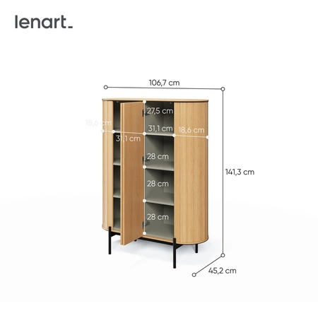 Komoda wysoka Rotto 107 cm dąb vincenza elegancki design zaokrąglone krawędzie bryły osadzonej na czarnych metalowych nogach