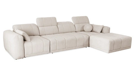 Narożnik z funkcją spania Cetara XII błękitny prawostronny stylowy design komfortowe przesuwane oparcia dwa pojemniki na pościel