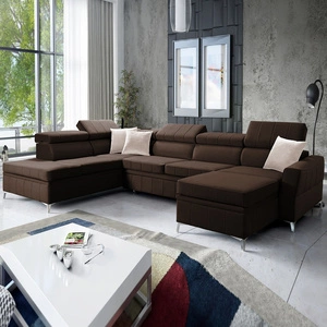 Narożnik z funkcją spania Rava VI brązowy prawostronny praktyczny i nowoczesny narożnik wyposażony w wielofunkcyjną lampkę