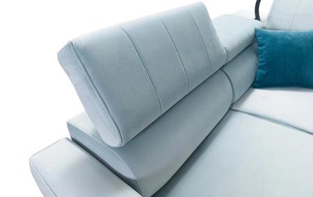 Narożnik z funkcją spania Rava V żółty prawostronny komfortowy narożnik z pojemnikami na pościel oraz wielofunkcyjną lampką