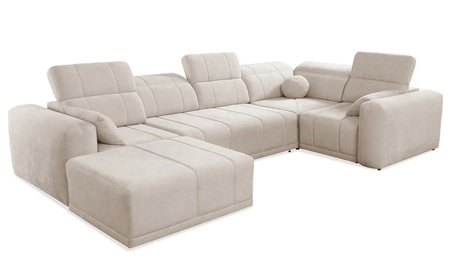 Narożnik z funkcją spania Cetara IV beżowy lewostronny stylowy design narożnika z przesuwanymi oparciami dwa pojemniki na pościel